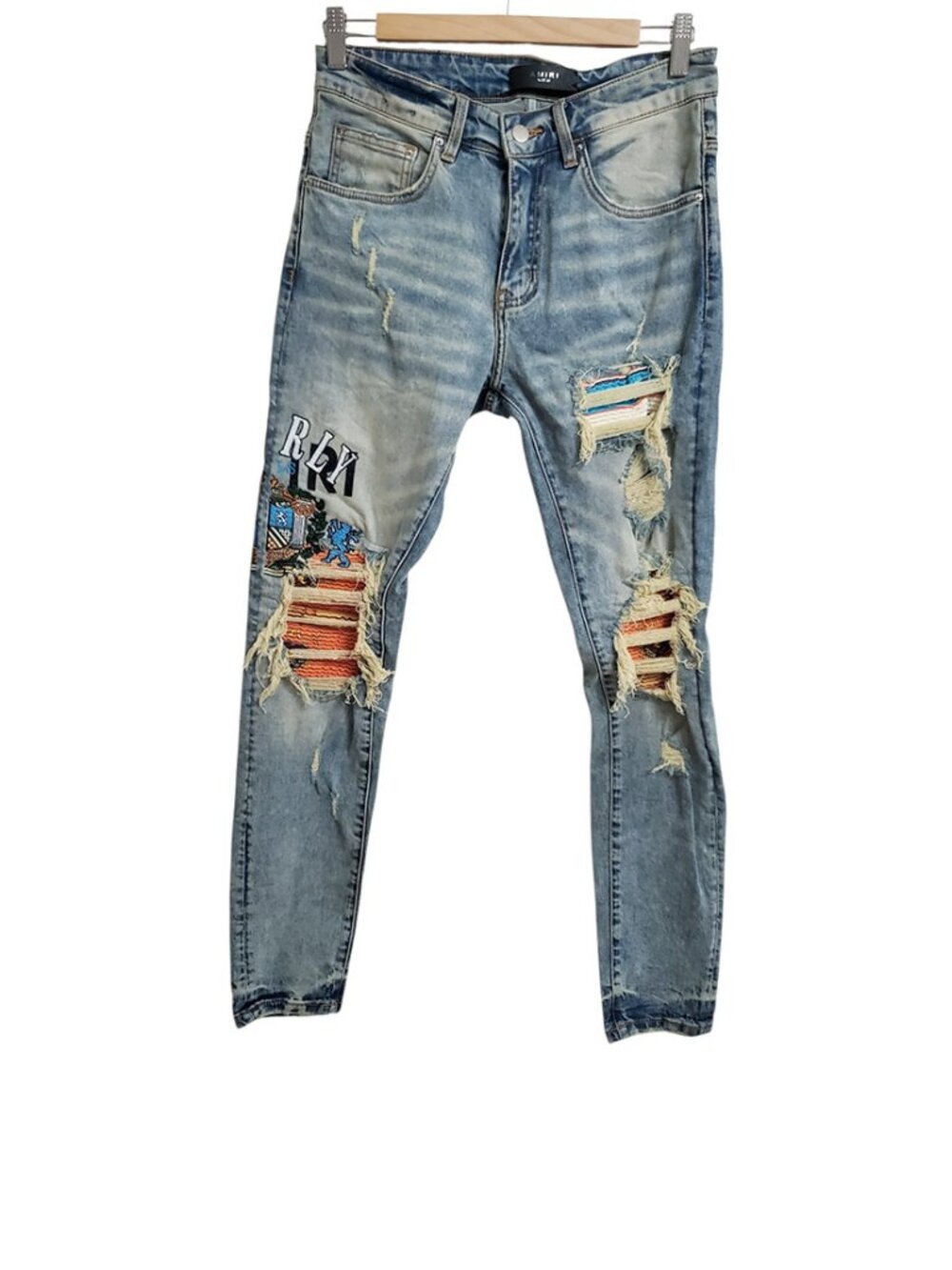 AMIRI Mens Distressed Skinny Jeans 30 Embroidery Heraldic Beverly Hills Blue USA